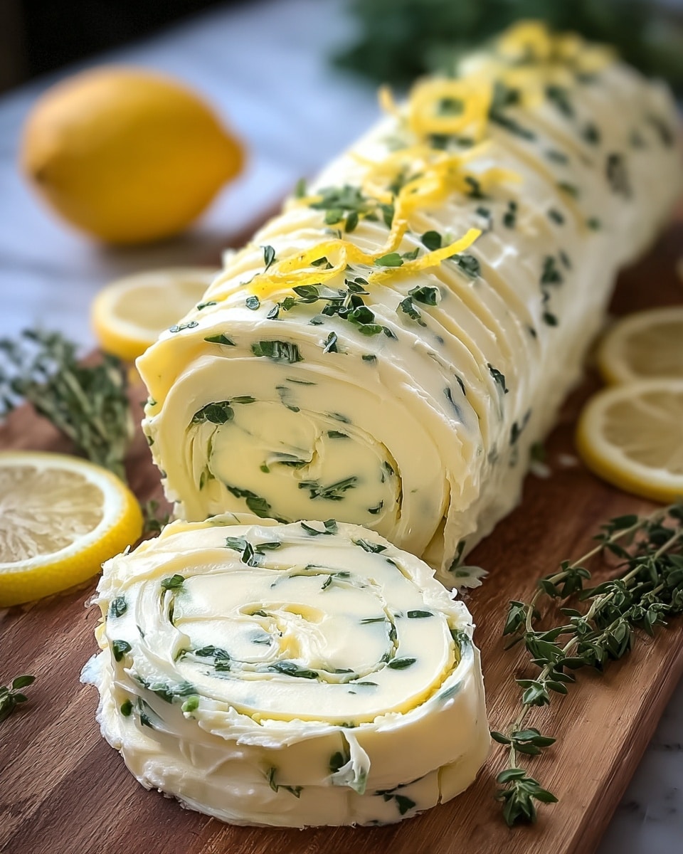 A creamy, rolled butter log is shown sliced on a wooden board, with visible layers of smooth, pale yellow butter mixed with finely chopped green herbs and lemon zest inside. The outer layer is soft butter spread with small herb leaves scattered on top, and thin strips of lemon peel adding detail. Surrounding the butter are slices of fresh lemon and sprigs of green herbs, all set on a white marbled texture surface. The image is closely focused, highlighting the moist and rich texture of the butter roll. Photo taken with an iphone --ar 4:5 --v 7