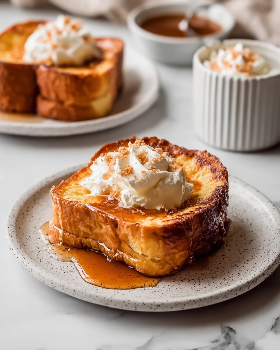A thick slice of golden-brown French toast with a crispy edge sits on a white speckled plate, topped with a dollop of white whipped cream sprinkled with light brown sugar crystals. The syrup glistens, flowing over the toast and pooling onto the plate, adding a shiny layer. In the background, a similar plate with another piece of French toast and a white bowl filled with syrup and topped with whipped cream are slightly out of focus. The whole scene is set on a white marbled surface. photo taken with an iphone --ar 4:5 --v 7
