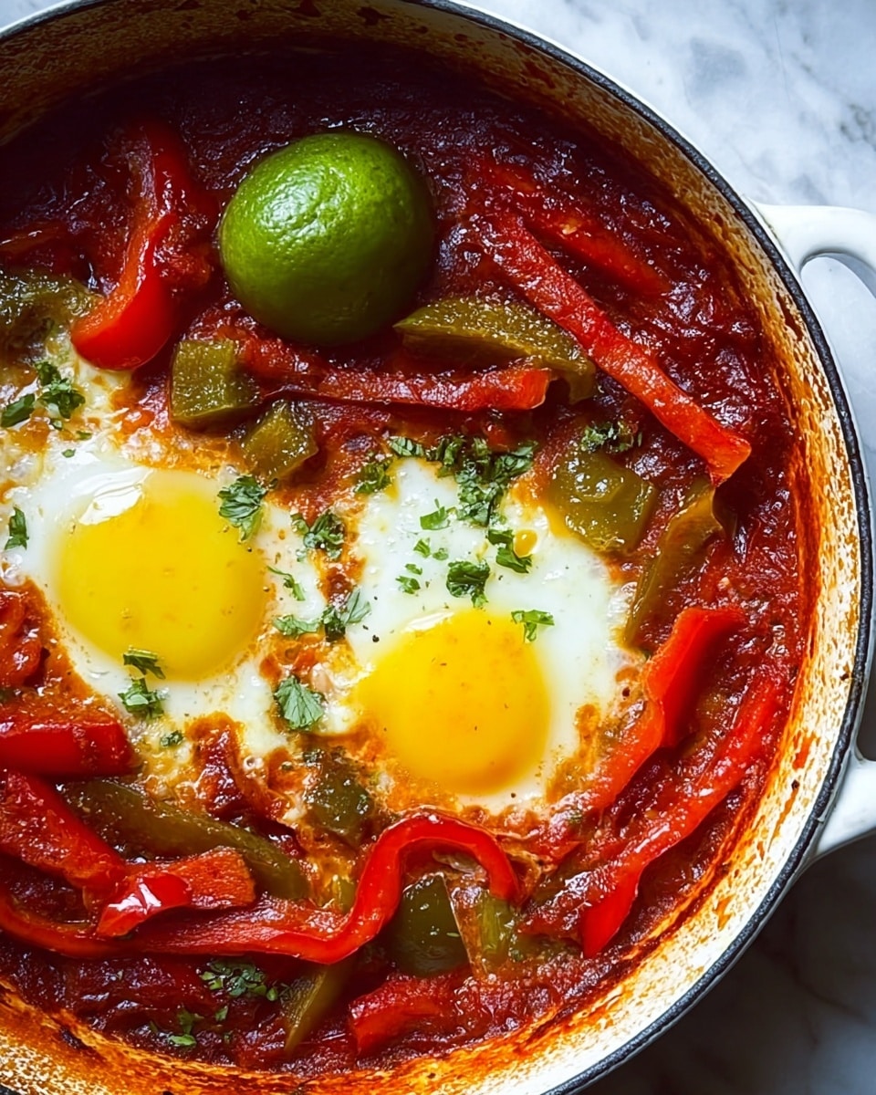 A white enamel pot filled with a thick tomato sauce base that covers the entire bottom, topped with two bright yellow cooked eggs with runny yolks positioned next to each other near the center. Bright red strips of bell pepper and small chunks of green vegetables are scattered generously over and mixed in with the sauce, adding color and texture. A whole fresh green lime sits near the top left inside the pot, and small bits of fresh herbs are sprinkled lightly across the surface. The inside rim of the pot is stained with sauce splatters, showing a rustic feel. The pot rests on a white marbled surface. photo taken with an iphone --ar 4:5 --v 7