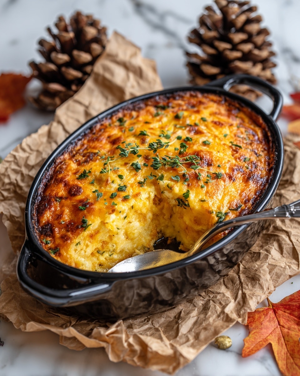 The image shows a black oval baking dish filled with a golden-brown cheesy casserole topped with melted cheddar cheese sprinkled with small green herbs. The casserole has a visible layered texture with a slightly crispy top layer and softer, yellow layers underneath where a portion has been scooped out with a spoon that rests on the right edge of the dish. The dish is placed on crumpled brown parchment paper, surrounded by autumn leaves and two large pinecones on a white marbled surface. The photo taken with an iphone --ar 4:5 --v 7