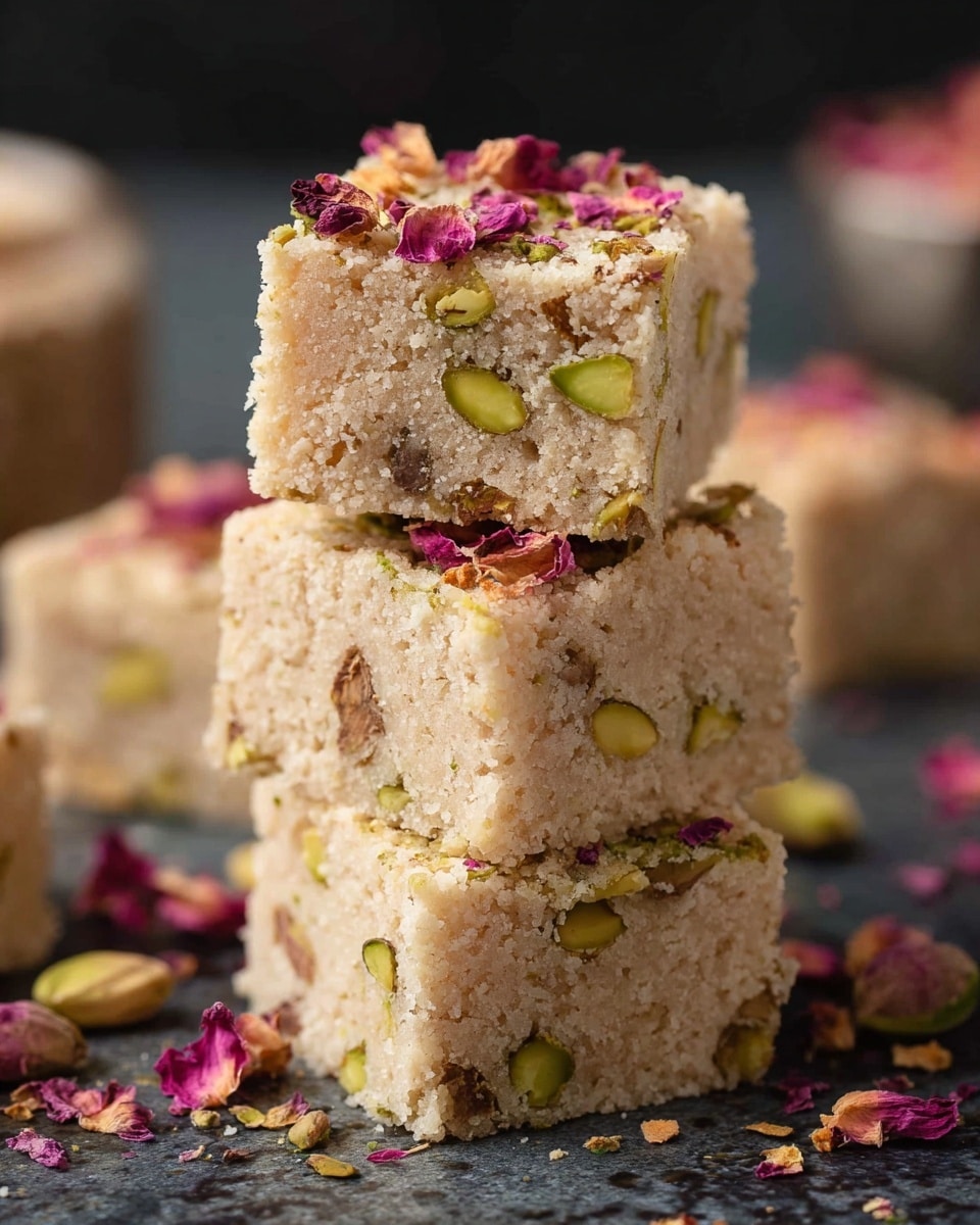 The image shows three square pieces of a dense, crumbly beige dessert stacked closely together on a dark surface with scattered pink flower petals around them. The dessert contains visible chunks of green pistachios and some brown nut pieces inside, which add color and texture. The top edges are fairly smooth with a few scattered dried pink flower petals adding a delicate touch. The background has a soft blurred effect, keeping focus on the dessert pieces. photo taken with an iphone --ar 4:5 --v 7