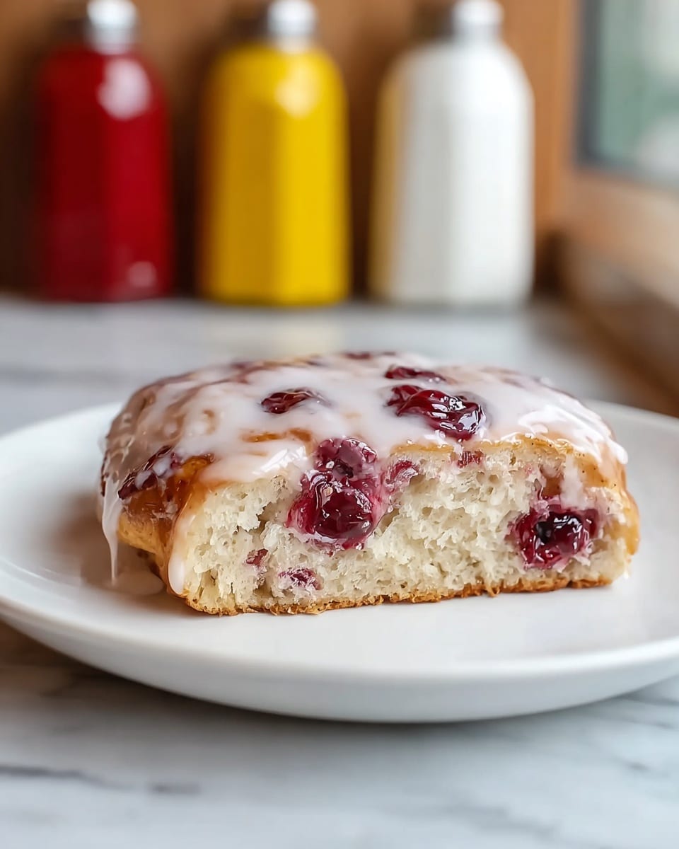 A white plate holds a single pastry with two visible layers; the base layer is a light beige, soft dough with a slightly porous texture and embedded deep red cherry pieces that appear juicy and slightly swollen, while the top layer is a thin, shiny white icing that glistens and slightly drips over the edges, creating a smooth glossy texture contrasting with the rough pastry surface beneath. The background features an out-of-focus white marbled surface with blurred mustard yellow and red condiment containers behind. photo taken with an iphone --ar 4:5 --v 7