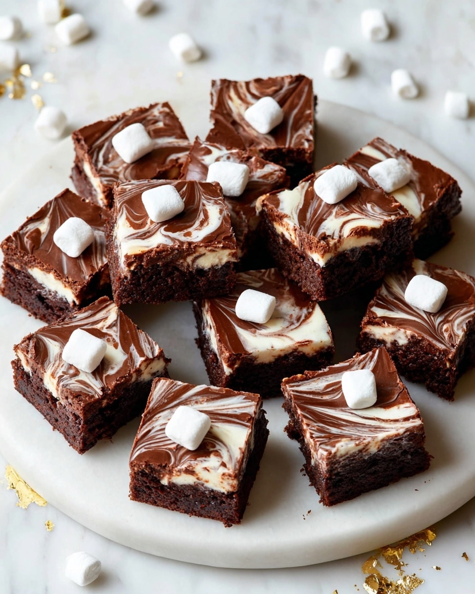 This image shows a white round plate filled with many small square brownie pieces. Each brownie has a base layer of dark brown, dense chocolate cake, topped with a smooth, glossy chocolate layer that is swirled with white cream creating a marbled effect. Some brownies have a small white marshmallow piece placed in the center, adding a soft, fluffy texture contrast. The plate is set on a white marbled surface with golden flecks and a few scattered crumbs and marshmallows, giving a fresh and inviting look. Photo taken with an iphone --ar 4:5 --v 7