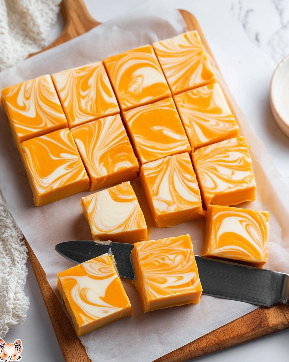 The image shows orange and white swirled fudge cut into 15 square pieces on a sheet of white wax paper placed over a wooden board. Each piece has a smooth texture with a marbled pattern of creamy white and bright orange swirling through it. A large silver knife is shown slicing through the fudge, highlighting the clean cuts and dense, creamy inside of the squares. The background includes a white marbled texture and a small corner of a white cloth. Photo taken with an iphone --ar 4:5 --v 7