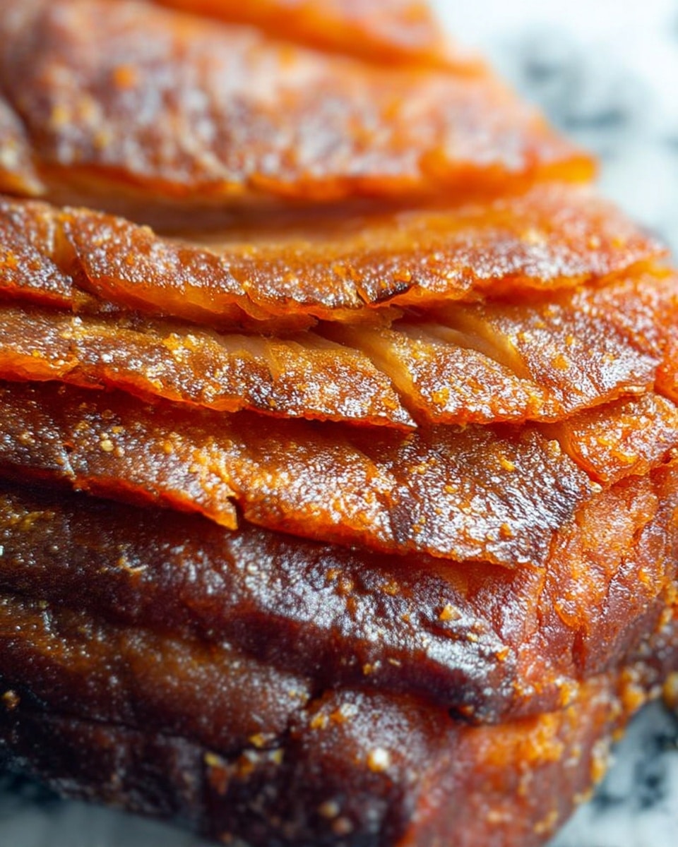 A close-up image showing a browned, textured meat with several thin, delicate layers visibly separated by cuts. The meat has a crispy, caramelized outer layer in a mix of deep golden brown and darker burnt tones. The layers inside appear moist and slightly lighter in color, showing an orange-brown hue with a glistening surface that reflects light. The texture is slightly crinkled, with the edges of each slice clearly defined. The background shows a white marbled texture that softly blurs at the edges of the image. photo taken with an iphone --ar 4:5 --v 7