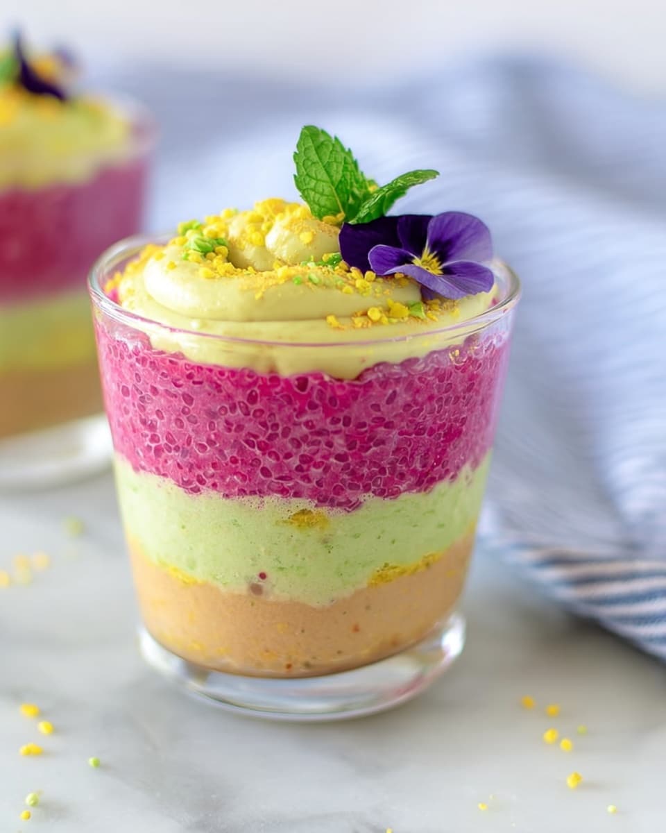 A clear glass shows a layered dessert with five visible layers, starting from the bottom: a light brown creamy base, followed by a bright pink textured layer with small seeds, then a pale green creamy layer, another bright pink seed-filled layer, and topped with a yellow textured layer. On top of the yellow layer, there is a dollop of pale green cream and garnishes that include a small purple flower and a green mint leaf, with tiny yellow sprinkles scattered around. The glass sits on a white marbled surface, and a soft blue and white striped cloth is blurred in the background. Photo taken with an iphone --ar 4:5 --v 7