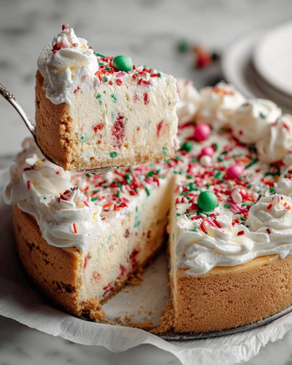 A round cheesecake with three visible layers sits on a white marbled surface. The bottom layer is a light brown crumbly crust. The middle layer is a thick light cream with specks of red and green inside, giving a fruity look. The top layer is white whipped cream spread thickly and swirled around the edge, decorated with bright red, green, pink, and white small round and stick-shaped sprinkles scattered all over. A slice is lifted by a silver fork, holding all three layers clearly with the white whipped cream and colorful sprinkles on top. Photo taken with an iphone --ar 4:5 --v 7