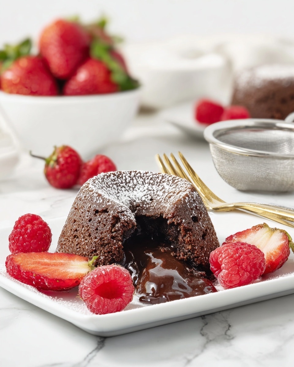 A broken chocolate lava cake sits at the center of a white square plate, showing its dark, glossy, melted center flowing onto the plate; the cake’s outer layer is a textured, rough chocolate brown with a light dusting of powdered sugar on top. Surrounding the plate are several bright red raspberries and strawberries, some whole and some sliced, adding fresh pops of color. Toward the back, a slightly blurred white bowl filled with strawberries and another with raspberries are visible, along with a silver strainer placed on a white marbled surface. Gold forks rest beside the plate, their prongs catching light softly. The scene is bright and clean, focusing on the rich dessert and fresh fruit, photo taken with an iphone --ar 4:5 --v 7