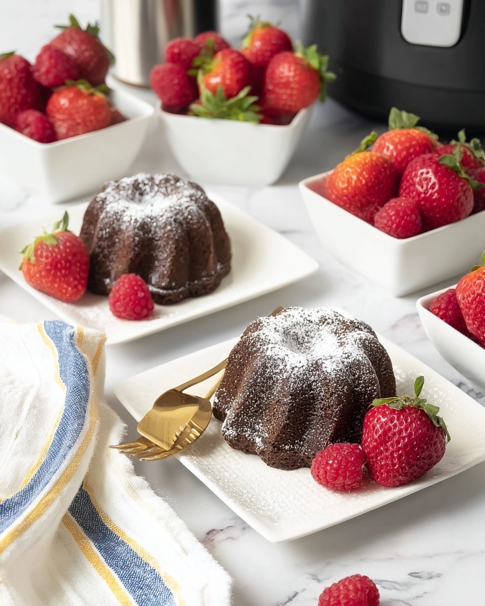 The image shows two small bundt chocolate cakes, each dusted with white powdered sugar on top and placed on separate white square plates. Surrounding each cake are a few fresh red raspberries and strawberries, adding bright spots of color. A gold fork rests beside one of the cakes on each plate. Behind the cakes, there are white square bowls filled with more strawberries and raspberries. On the right side, part of a black kitchen appliance is visible against a white marbled surface. A white cloth with blue and yellow stripes is laid out near the bottom left corner. The setting gives a fresh and inviting look to the chocolate cakes. photo taken with an iphone --ar 4:5 --v 7