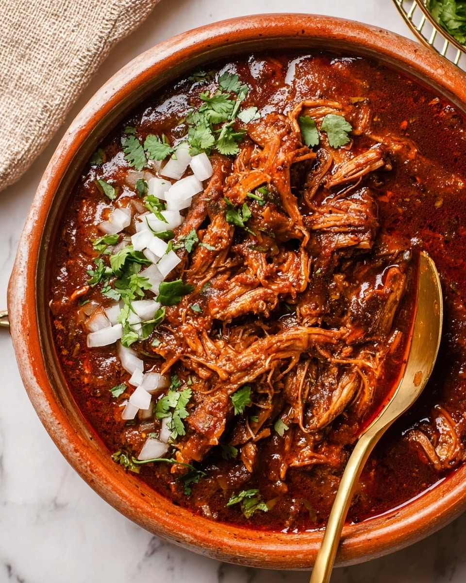 A close-up view of a rich, dark reddish-brown stew with shredded pieces of meat mixed in a thick sauce inside a round, white clay dish. On top, there are small chopped white onion pieces scattered mainly on the left side and green cilantro leaves spread out in the middle and right. A shiny golden spoon is seen dipping into the stew on the right side resting inside the dish. The dish is placed on a white marbled surface with part of a beige textured cloth visible in the top left and a bit of a rack in the top right corner. photo taken with an iphone --ar 4:5 --v 7