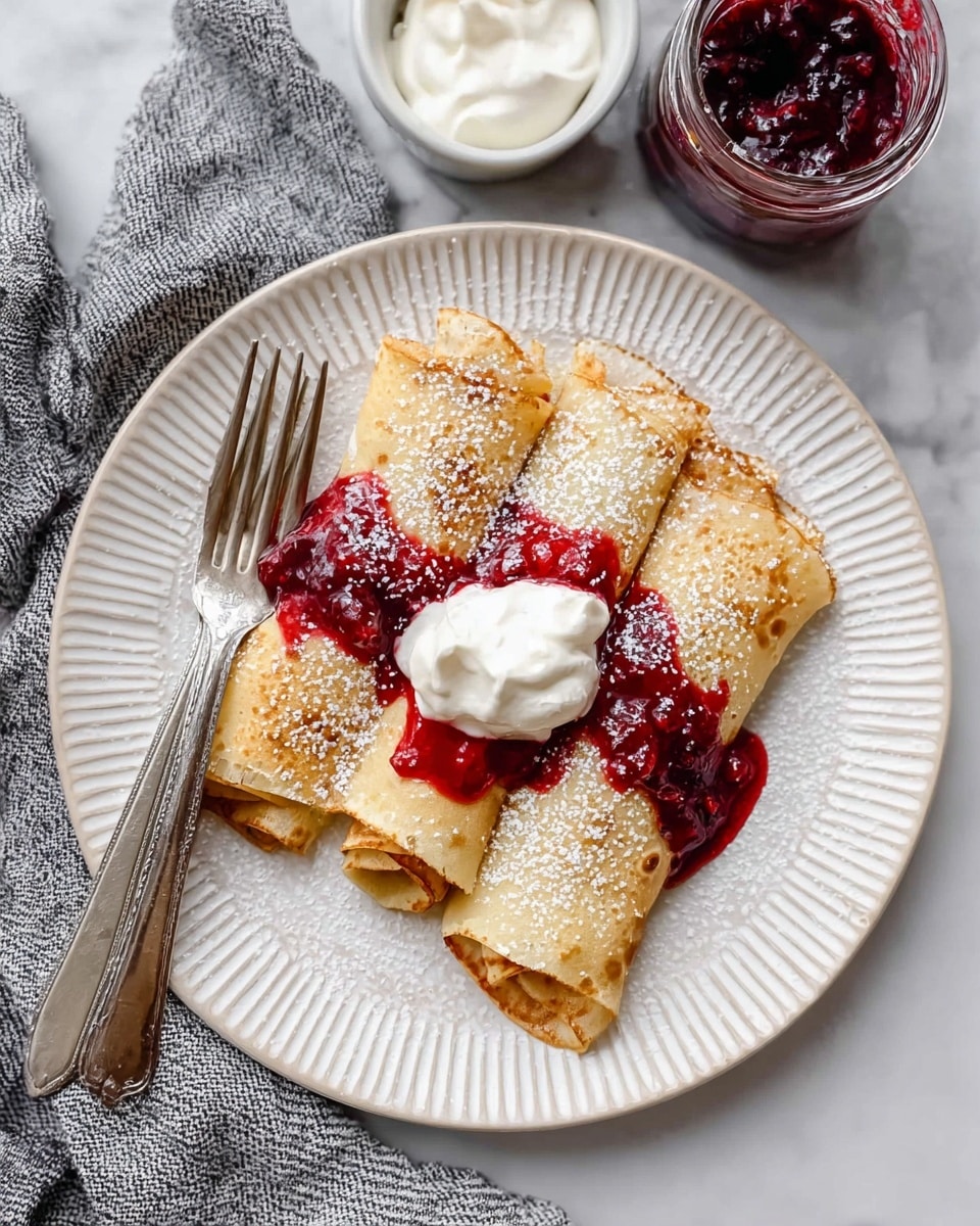 Three thin rolled pancakes with a golden brown color are placed side by side on a white plate with a ribbed edge pattern. The pancakes are lightly dusted with white powdered sugar. A bright red berry sauce is poured over the middle, spreading across all three pancakes, and a small dollop of white whipped cream sits on top of the sauce in the center. A silver fork and knife rest to the left of the plate on a white marbled surface, next to a gray and white striped cloth. A jar filled with deep red berry sauce and a small white bowl with white cream are nearby. Photo taken with an iphone --ar 4:5 --v 7
