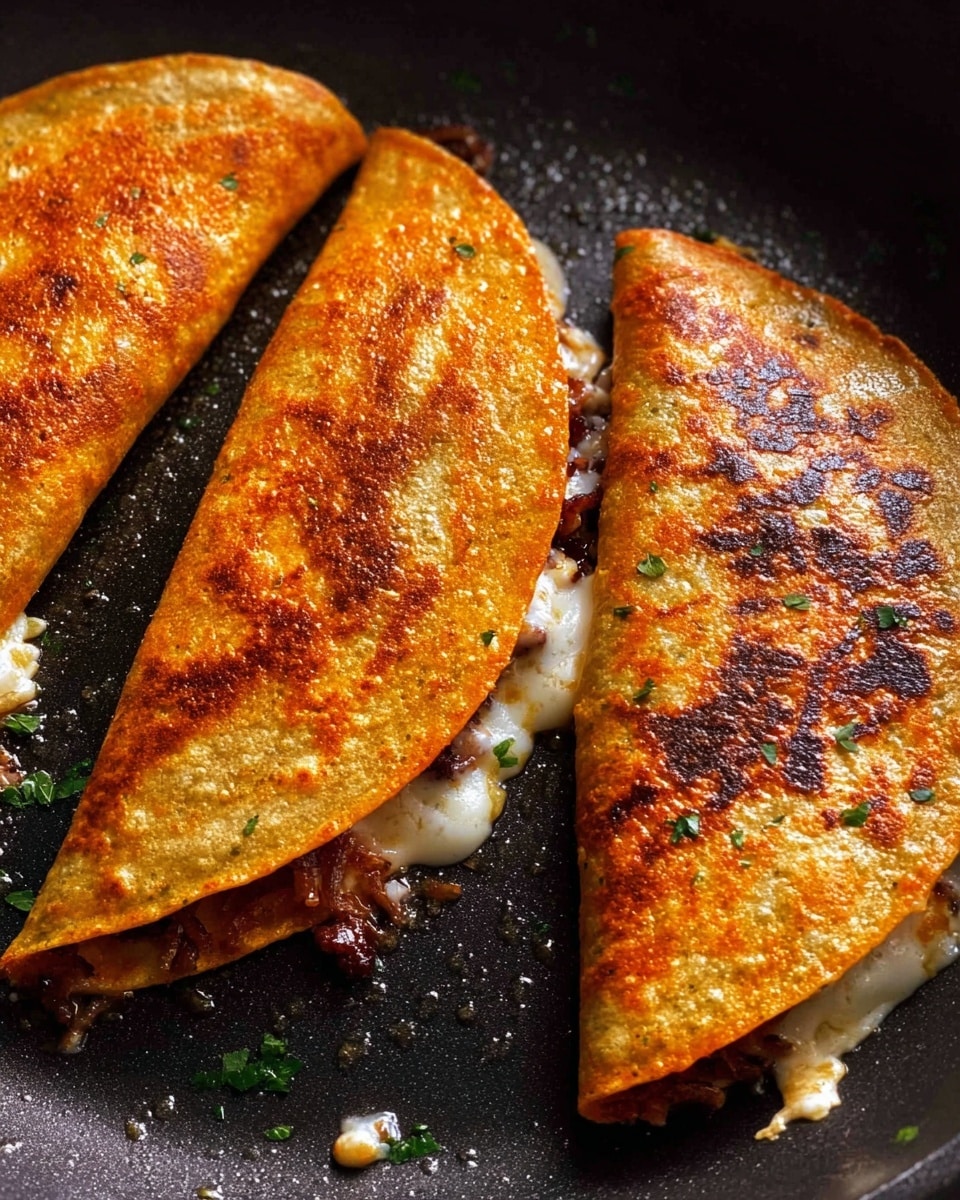 The image shows three golden-brown quesadillas cooking in a black pan. Each quesadilla is folded in half, with a crispy, slightly bubbly outer layer that has spots of darker browning. The visible filling is made of melted white cheese mixed with bits of dark cooked meat, peeking out slightly from the edges. The surface of the quesadillas looks oily and crispy, with small flecks of green herbs on the pan around them. photo taken with an iphone --ar 4:5 --v 7