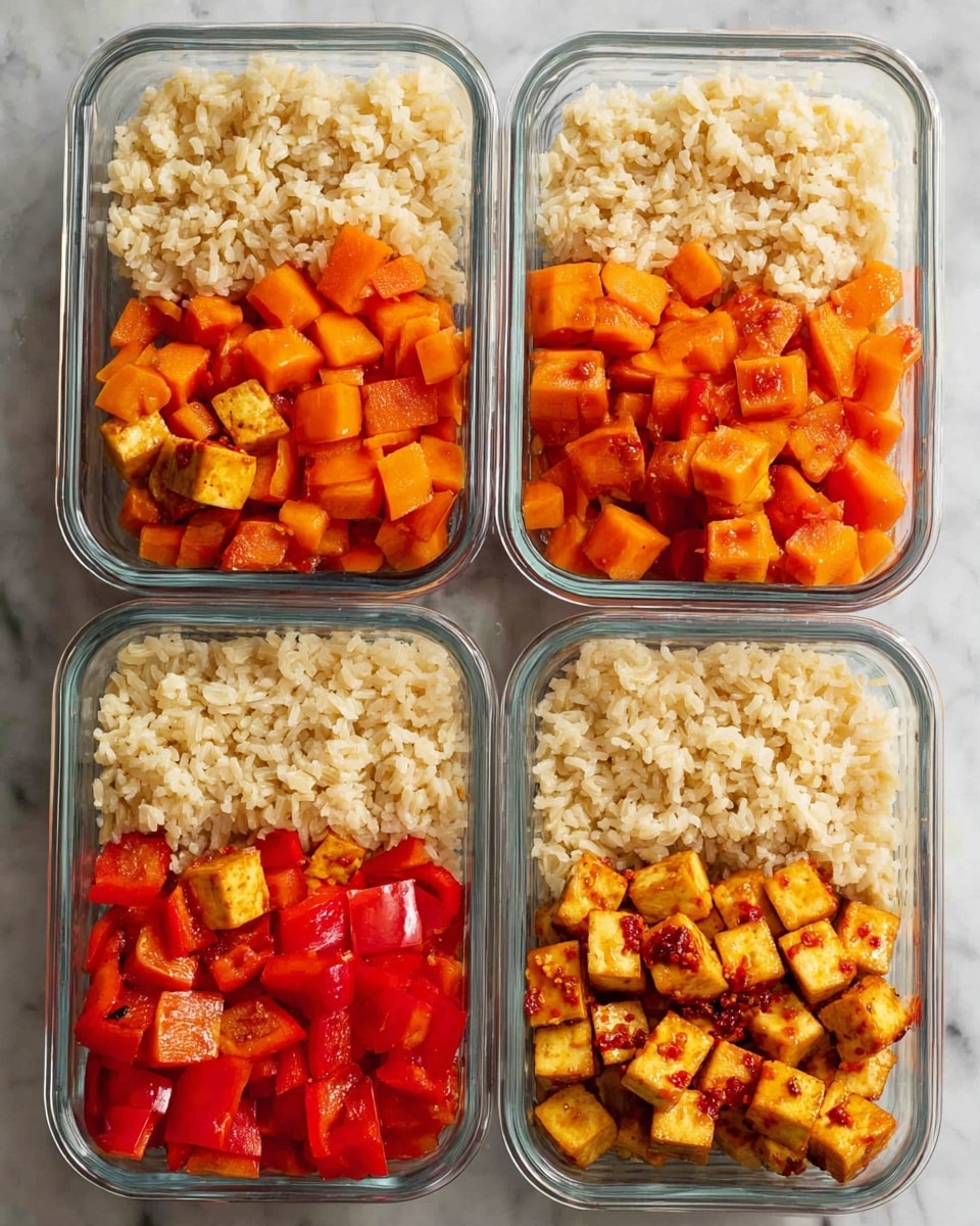 Four rectangular glass meal prep containers are placed close together on a white marbled surface. Each container is divided into two layers: the top layer consists of fluffy, light beige cooked rice filling about half the container, while the bottom layer has a colorful mix of two types of diced vegetables—bright orange carrots and red bell peppers—along with golden-brown cubed tofu coated in a slightly shiny, reddish sauce with visible chili flakes. The arrangement is neat with contrasting colors and textures clearly visible through the clear glass. Photo taken with an iphone --ar 4:5 --v 7