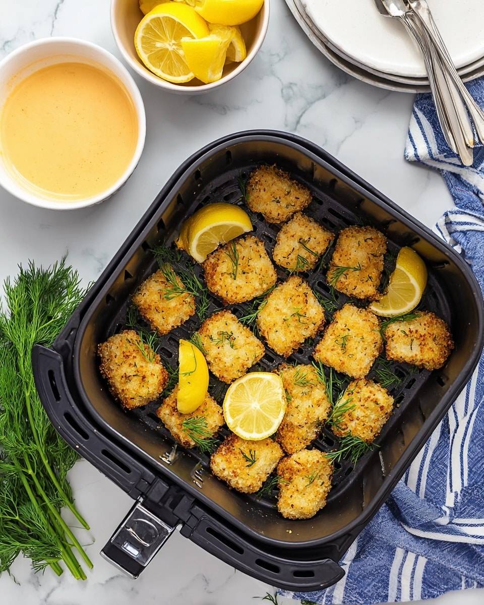 Inside a black air fryer basket, there are golden brown crispy food pieces arranged in a single layer with some fresh green dill sprinkled on top. Two bright yellow lemon wedges are placed among the crispy pieces. Next to the air fryer basket, on a white marbled surface, sits a white bowl filled with a creamy orange dipping sauce and another white bowl holding more lemon wedges. A bunch of fresh green dill and a white plate with two forks and a lemon wedge are also visible. A blue and white striped cloth is partly under the air fryer basket. Photo taken with an iphone --ar 4:5 --v 7