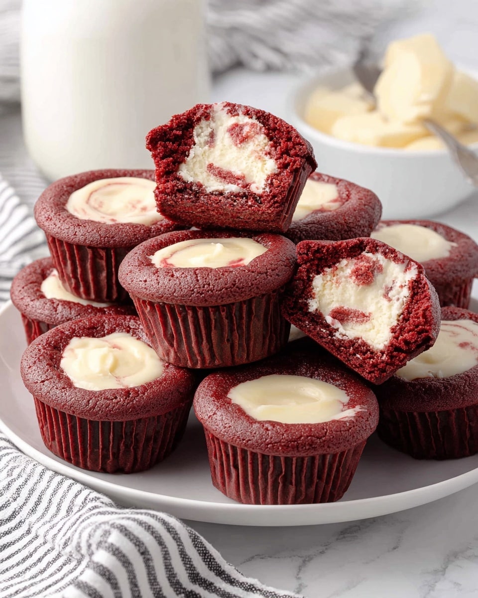 A white plate is filled with small red velvet cupcakes, each topped with a creamy white cheesecake swirl in the center. The cupcakes show a rich deep red color with a moist texture, and the cheesecake swirl contrasts with its smooth, pale cream color and slight marbled swirls of red on top. One cupcake is broken open and placed on top of others, showing the dense red cake surrounding a creamy white cheesecake center. In the background, there is a white jar and a white bowl alongside a spoon, all placed on a white marbled surface. A striped cloth is partially visible at the bottom left corner. Photo taken with an iphone --ar 4:5 --v 7