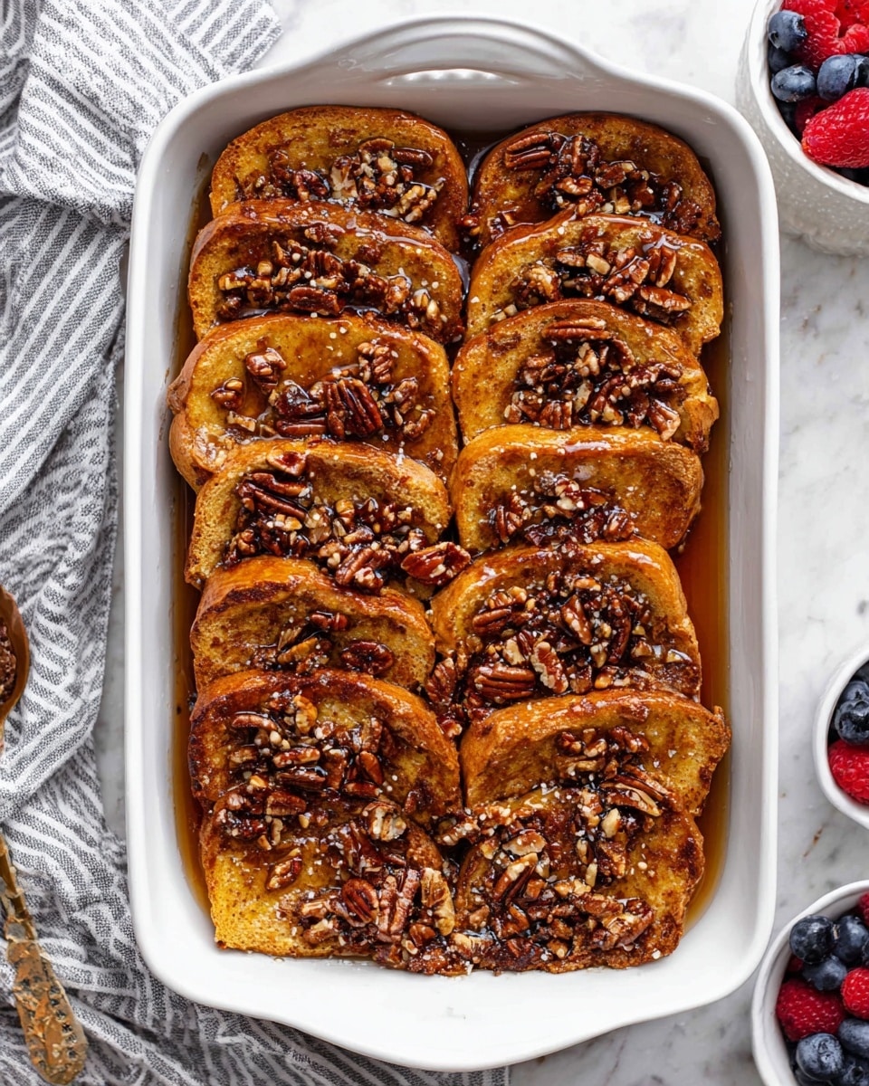A white baking dish filled with 2 layers of golden-brown baked French toast slices arranged vertically side by side. Each slice is topped with a generous sprinkle of chopped pecans that add a textured, crunchy look. The French toast has a slightly glossy surface from a sticky syrup glaze, giving it a rich, shiny brown color with darker crisp edges. The dish is set on a white marbled background with a striped cloth nearby and small bowls of fresh berries around it. photo taken with an iphone --ar 4:5 --v 7
