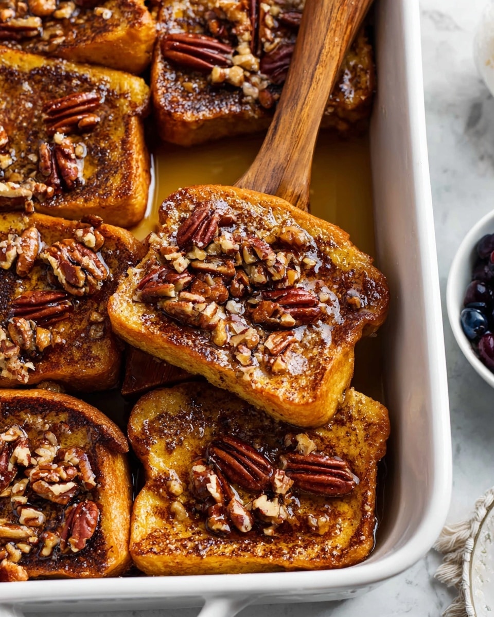 This close-up image shows a baking dish filled with several thick slices of golden brown French toast layered closely together. The top of each slice is coated with a shiny glaze and sprinkled with chopped pecans, adding a crunchy texture. A wooden spatula is sliding under one piece in the center, lifting it slightly. In the bottom right corner, there is part of a white bowl with dark blueberries. The dish sits on a white marbled surface. photo taken with an iphone --ar 4:5 --v 7