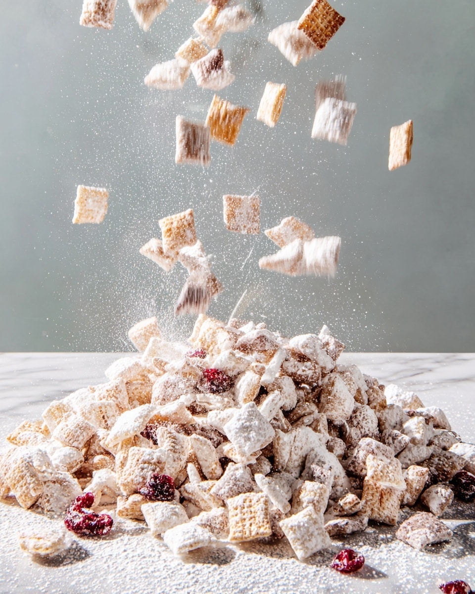A large pile of square and small oblong cereal pieces dusted with powdered sugar, mixed with thin stringy white cheese and scattered dried red berries, all seen mid-air as if being tossed up above a white marbled surface. The cereal pieces have a mix of soft white and light brown colors with a textured, crunchy look, while the powdered sugar floats around like fine dust. The scene captures the motion and lightness of the ingredients falling and mixing, with no plate or bowl visible in the frame. photo taken with an iphone --ar 4:5 --v 7