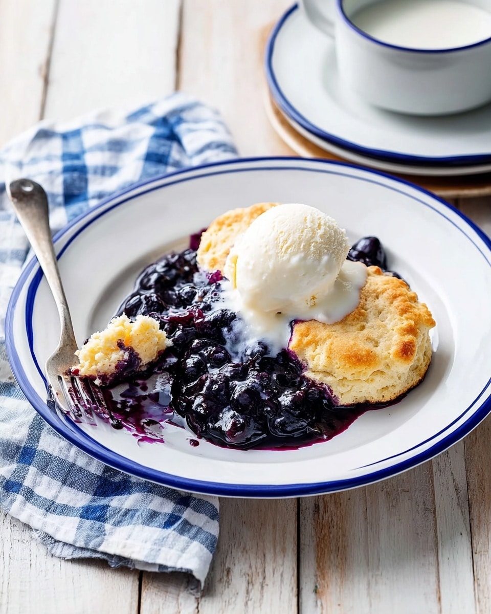 A white plate with a blue rim holds a dessert of two golden brown biscuit rounds placed on a bed of dark purple blueberry compote that looks juicy and slightly thick. On top of the compote, between the biscuits, is a scoop of creamy white vanilla ice cream that is slowly melting and blending with the purple sauce. To the left side of the plate, a silver fork has a piece of biscuit and some blueberry sauce on its tines. The plate sits on a light wooden surface with a blue and white checkered cloth nearby. In the top right corner, there is another white plate with a blue rim holding a matching white cup filled with a white sauce or cream. photo taken with an iphone --ar 4:5 --v 7