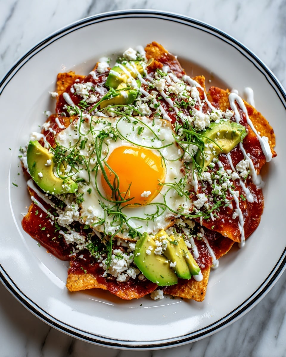 A white plate with a black rim holds one main layer of fried, crispy tortilla chips covered in a rich red sauce. On top of the chips, there are scattered slices of bright green avocado and crumbles of white cheese. A sunny-side-up fried egg with a shiny orange yolk and white edges sits near the center, garnished with thin strips of bright green herbs. White cream sauce is drizzled generously over the whole dish. The plate is set against a white marbled surface. Photo taken with an iphone --ar 4:5 --v 7