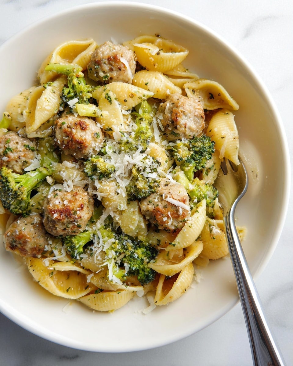 The dish is shown in a white bowl on a white marbled surface. It contains three main layers: the bottom layer is light yellow pasta shells, the middle layer has green broccoli florets mixed with small, light brown meatballs, and the top layer is sprinkled with white grated cheese, adding a crumbly texture. A silver fork rests inside the bowl on the right side of the image. photo taken with an iphone --ar 4:5 --v 7