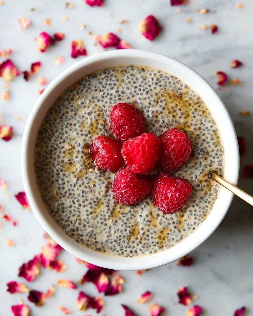 A white bowl filled with a creamy chia seed pudding that has tiny black chia seeds evenly spread throughout a light beige, thick mixture. Five fresh, bright red raspberries sit on top in a loose cluster, their textured skin contrasting with the smooth pudding. Some golden syrup drizzles are slightly visible beneath and mixed into the chia layer, adding a subtle shine and deeper color. A gold spoon is partially submerged on the right side of the bowl. The bowl is placed on a white marbled surface with scattered rose petals around, adding spots of red and pink. photo taken with an iphone --ar 4:5 --v 7