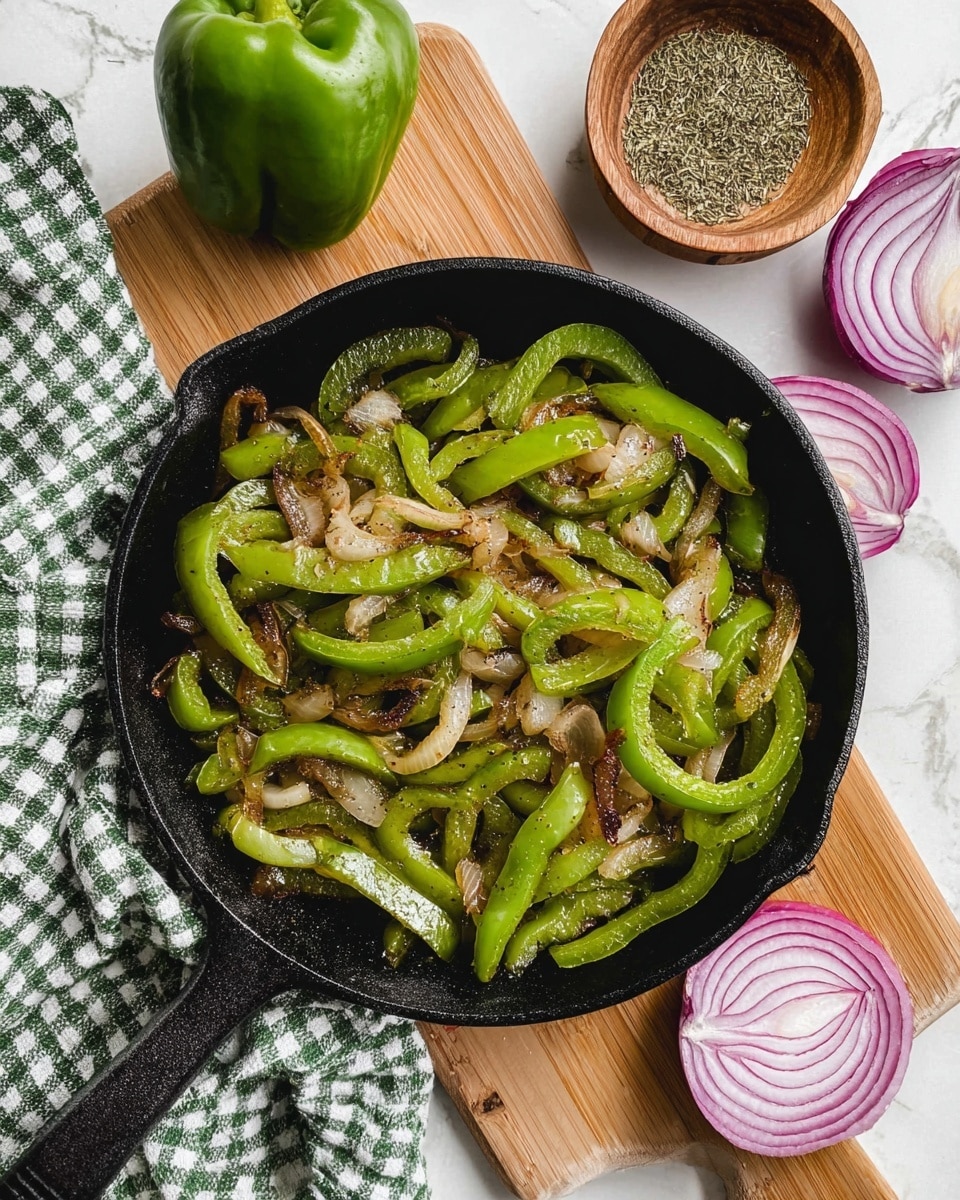 A black cast iron pan filled with cooked sliced green bell peppers and onions, both slightly browned and caramelized, resting on a wooden cutting board. Next to the pan, there is half a green bell pepper and a small wooden bowl with dried herbs on a white marbled surface. A green and white checkered kitchen towel lies nearby, and two halves of a red onion are placed to the side, showing their purple and white layers. The overall scene is bright and clean, focused on the fresh and cooked vegetables. photo taken with an iphone --ar 4:5 --v 7