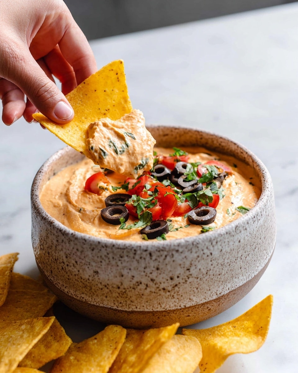 A speckled ceramic bowl filled with a smooth, creamy orange-colored dip takes center stage, topped with sliced black olives, small red tomato pieces, and chopped green herbs scattered over the surface. A yellow, triangular chip is dipped into the thick dip by a woman's hand, lifting a generous scoop. Several more chips are arranged around the base of the bowl. The bowl sits on a white marbled texture, with soft natural light highlighting the textures and colors. photo taken with an iphone --ar 4:5 --v 7