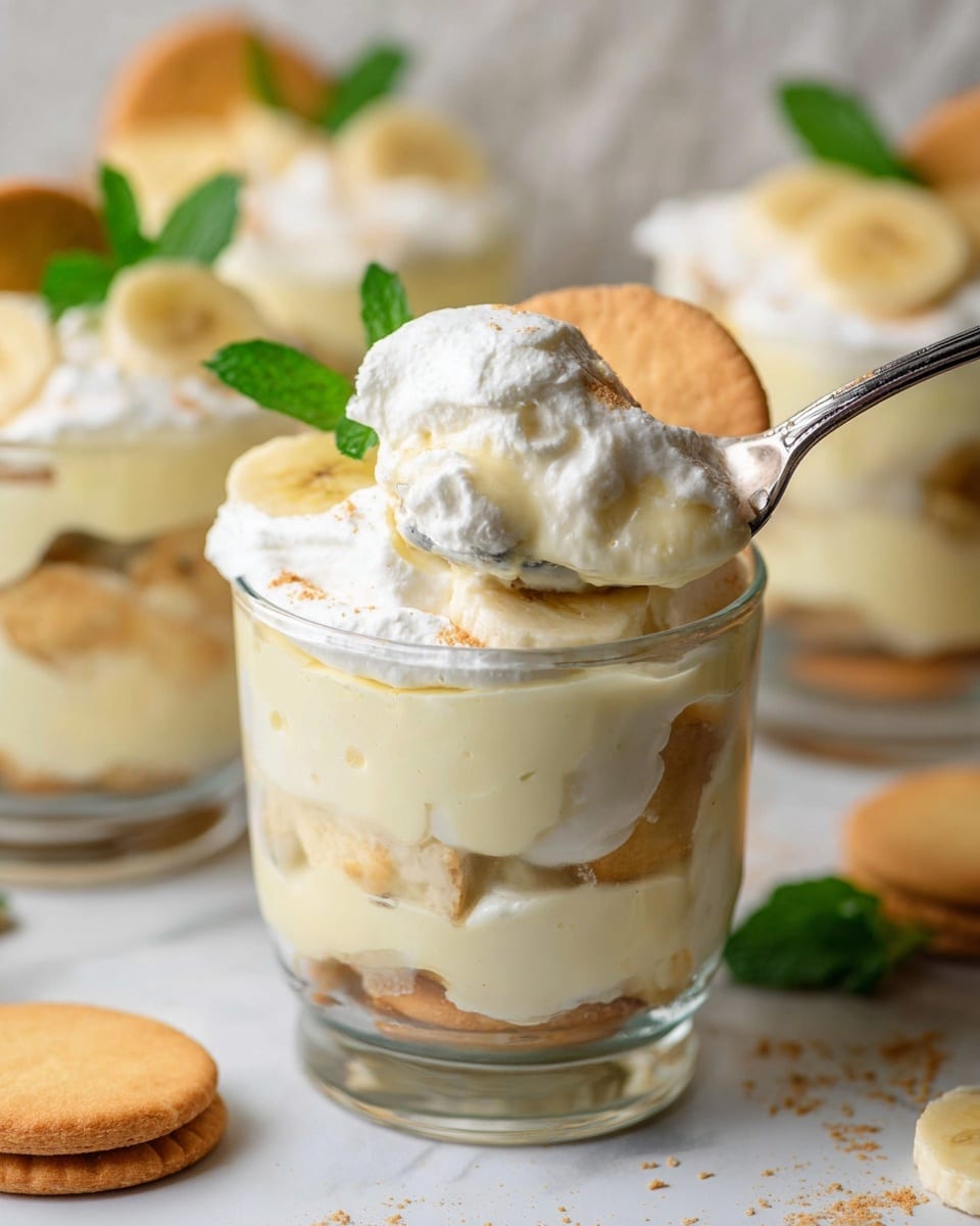 A clear glass dessert cup holds a layered banana pudding with three visible layers: a bottom creamy pale yellow custard layer, a middle layer with chunks of vanilla wafer cookies soaked in the custard, and a top thick white whipped cream layer that spills slightly over the edge. Above the whipped cream, there is a whole round vanilla wafer cookie and a small green mint leaf for decoration. A silver spoon scoops a bite from the top, showing the soft texture of the whipped cream mixed with cookie pieces. In the background, other similar dessert cups topped with sliced bananas and mint leaves are visible, all placed on a white marbled surface. Photo taken with an iphone --ar 4:5 --v 7