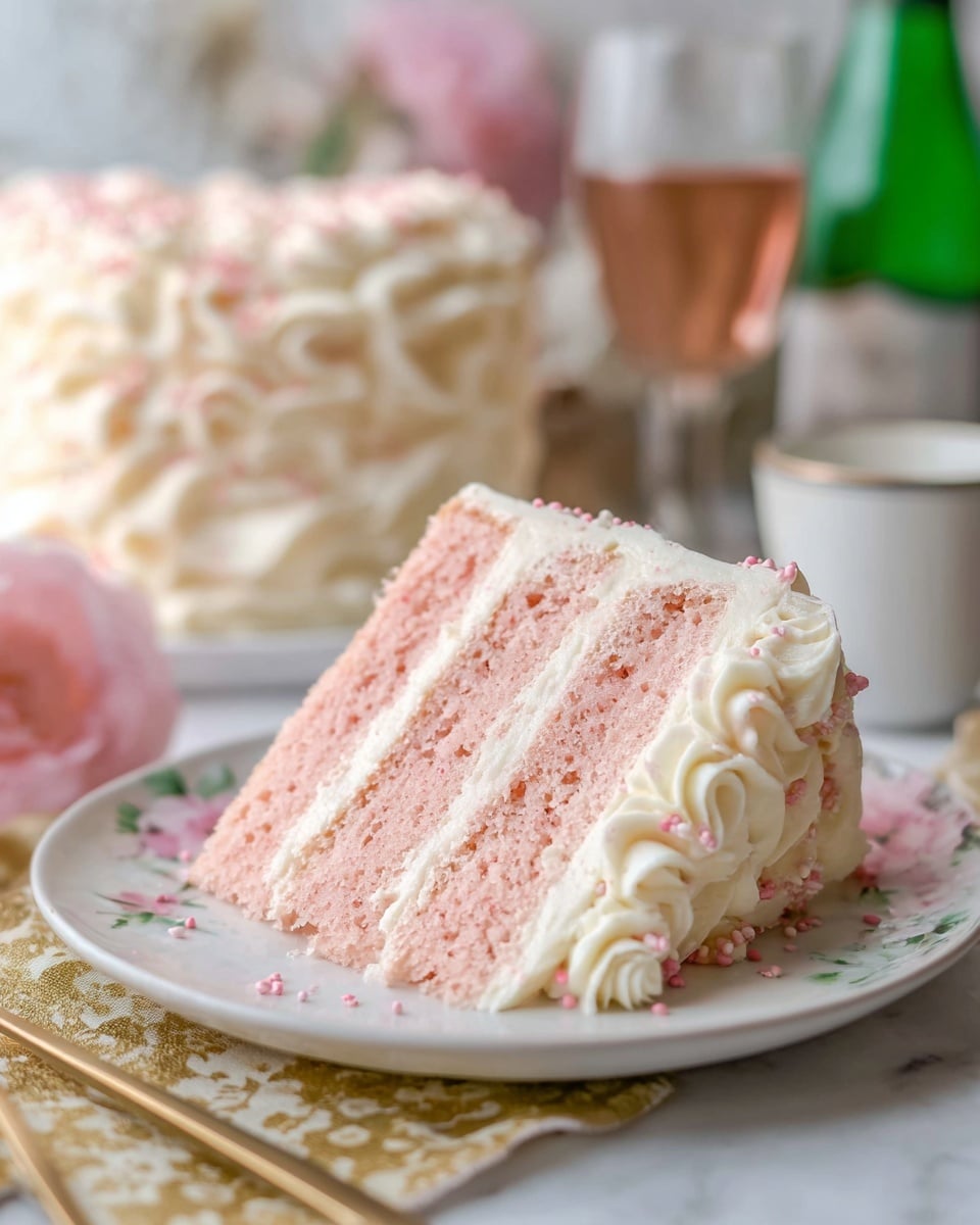 A round, two-layer cake covered in smooth pale pink frosting stands on a white marbled surface. The sides have a lightly textured finish with visible swirls from the frosting knife. On top, there is a crescent-shaped decoration of swirled rosettes and small star shapes in the same pale pink frosting, sprinkled with tiny white and pink sugar bits. The rest of the top is covered smoothly with the same frosting, giving a clean look. In the background, white plates, gold forks, a cork, and a pink bottle label are softly blurred. Photo taken with an iphone --ar 4:5 --v 7