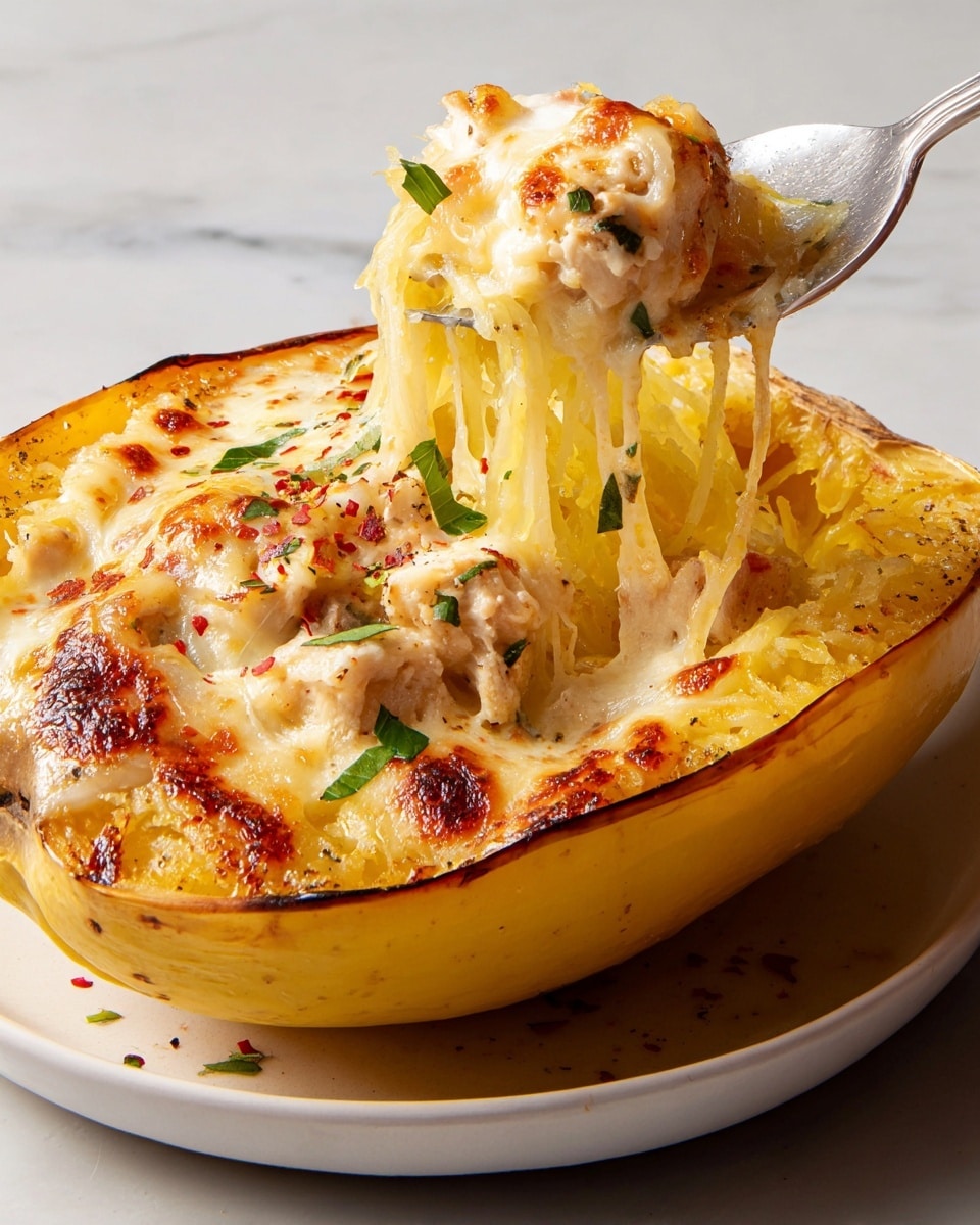 A baked spaghetti squash half filled with creamy melted cheese, golden brown on top with browned spots, and chunks of cooked chicken mixed in. The spaghetti-like strands of squash inside are pale yellow and stretchy, lifted with a spoon. There are small green herb pieces sprinkled on the top and red chili flakes scattered around. The squash is placed on a white plate set on a white marbled surface. photo taken with an iphone --ar 4:5 --v 7