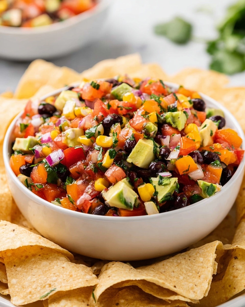 A white bowl filled with a colorful mix of diced tomatoes, black beans, avocado, corn, red and orange bell peppers, onions, and green herbs, all chopped finely and mixed together. The bowl sits on a white marbled surface and is surrounded by light beige tortilla chips arranged in a ring around the bowl. In the background, there is a blurred white bowl with more of the same colorful salsa and some green leafy herbs. The colors are bright and fresh, showing a mix of red, yellow, green, black, and white. photo taken with an iphone --ar 4:5 --v 7