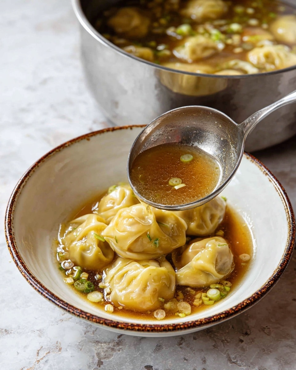 A white bowl with a rustic brown rim holds five yellowish dumplings floating in a light brown broth. The dumplings show smooth and folded surfaces with some slight wrinkles, sitting clustered in the center. A metal ladle is pouring more of the clear broth that contains small pieces of green and white onions into the bowl. In the background, a silver pot filled with more dumplings and broth sits on a white marbled surface. Photo taken with an iphone --ar 4:5 --v 7