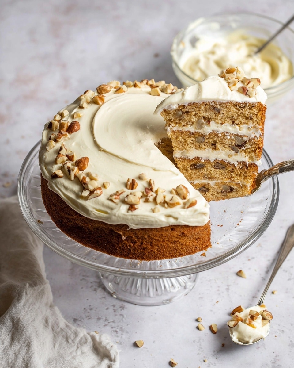 A two-layer nut cake with a light brown color filled with nuts and raisins, each layer separated by a thin layer of creamy white frosting. The top is covered with a thick, smooth, white cream and sprinkled with chopped nuts. The cake is sitting on a clear glass cake stand, against a white marbled texture surface, with a glass bowl of the same creamy frosting and a spoon nearby. A slice of the cake is lifted slightly showing the inside texture. photo taken with an iphone --ar 4:5 --v 7