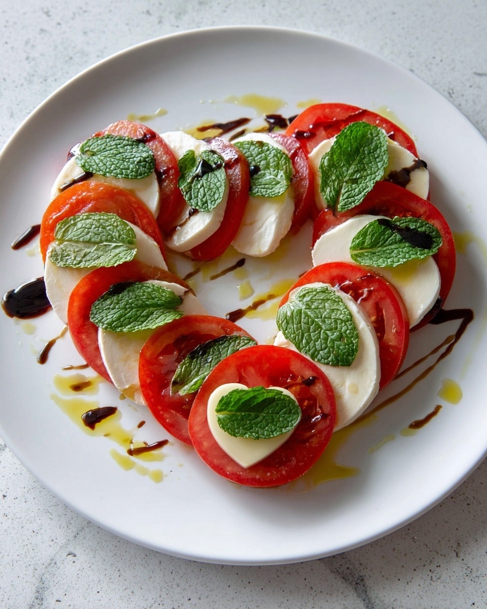 This dish shows a heart shape made with alternating layers of red tomato slices and white mozzarella cheese slices on a white plate. Each tomato slice lies under a mozzarella slice, topped with a bright green mint leaf and a small heart-shaped piece of white cheese. Drizzles of dark balsamic glaze and golden olive oil decorate the layers, adding shine and contrast. The plate sits on a white marbled surface. photo taken with an iphone --ar 4:5 --v 7