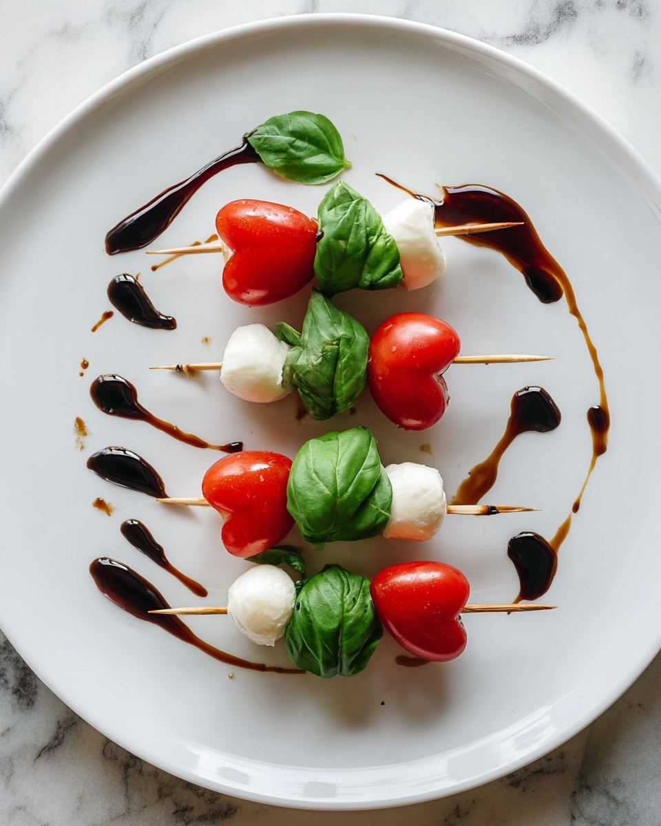 The image shows four skewers arranged vertically on a white round plate, each skewer contains three layers: a green basil leaf on one end, a round white mozzarella ball in the middle, and a bright red heart-shaped tomato at the opposite end, all with a smooth texture. Dark brown balsamic glaze is drizzled over the skewers and the plate, creating shiny droplets and streaks that contrast with the clean white plate. The plate rests on a white marbled surface. Photo taken with an iphone --ar 4:5 --v 7