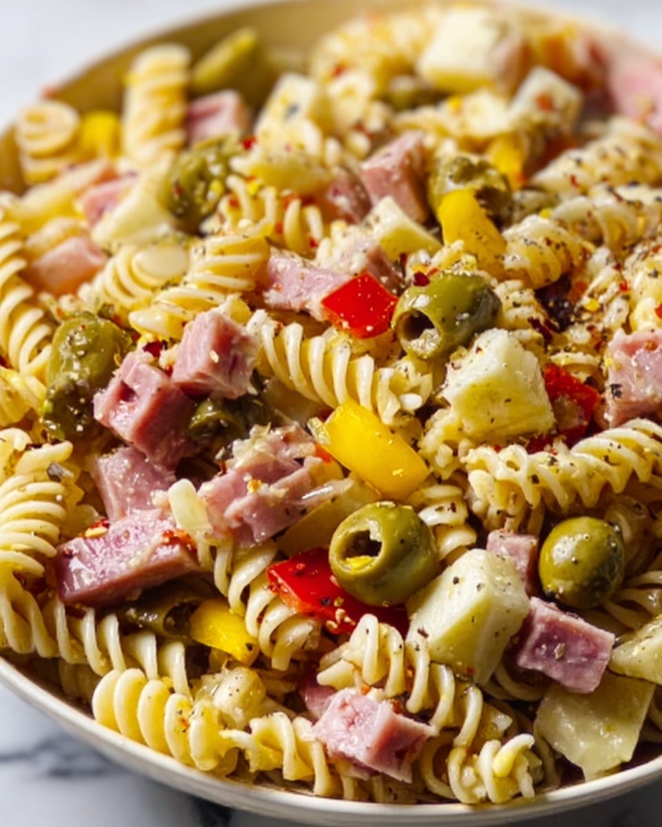 A close-up view of a white bowl filled with a pasta salad consisting of fusilli pasta, light yellow in color, mixed with green olives, cubed pieces of ham with a light pink tone, and small chunks of cauliflower that are off-white. The salad also contains diced red and yellow bell peppers, and is lightly sprinkled with pepper flakes. Everything looks fresh and mixed well, sitting on a white marbled surface. Photo taken with an iphone --ar 4:5 --v 7
