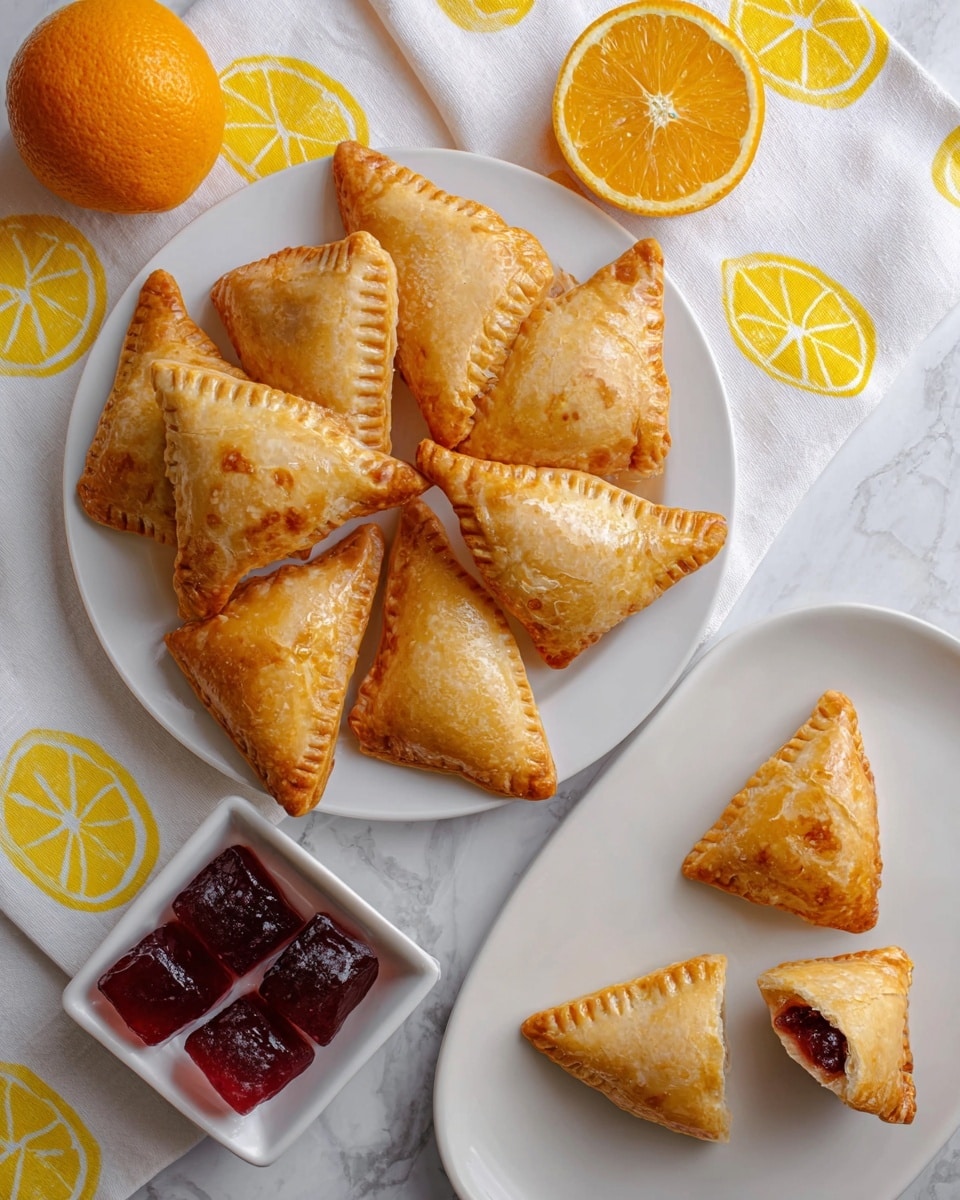The image shows a white round plate filled with nine golden-brown triangular pastries, each with a shiny, flaky surface and crimped edges, arranged in a circular pattern at the center of the plate. To the right, on a white curved-edge plate, are three more of the same pastries, one broken in half to show a dark red filling inside. Below the round plate is a small white square bowl containing four dark red, glossy cubes of fruit jelly. The scene is set on a white marbled surface with a white cloth featuring bright yellow lemon prints scattered around, along with half of a fresh orange on the left side. Photo taken with an iphone --ar 4:5 --v 7