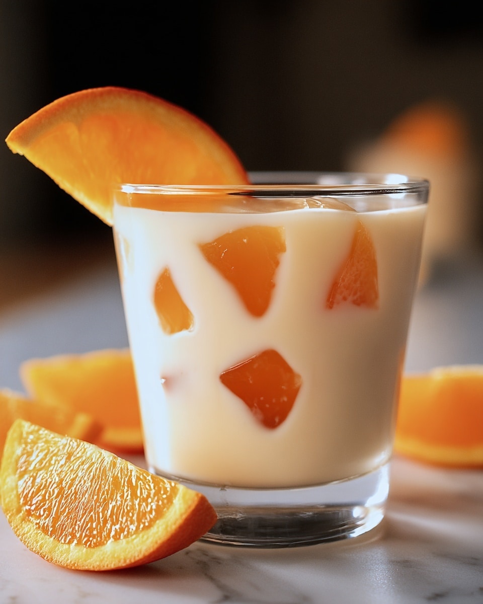A clear glass is filled with a creamy light beige drink, showing several large orange jelly pieces suspended inside. On top of the drink, a bright orange slice is neatly placed on the rim, adding a fresh pop of color. Around the glass, several fresh orange wedges rest casually on a white marbled surface. The background is softly blurred in dark tones, making the glass and its colorful contents stand out. photo taken with an iphone --ar 4:5 --v 7