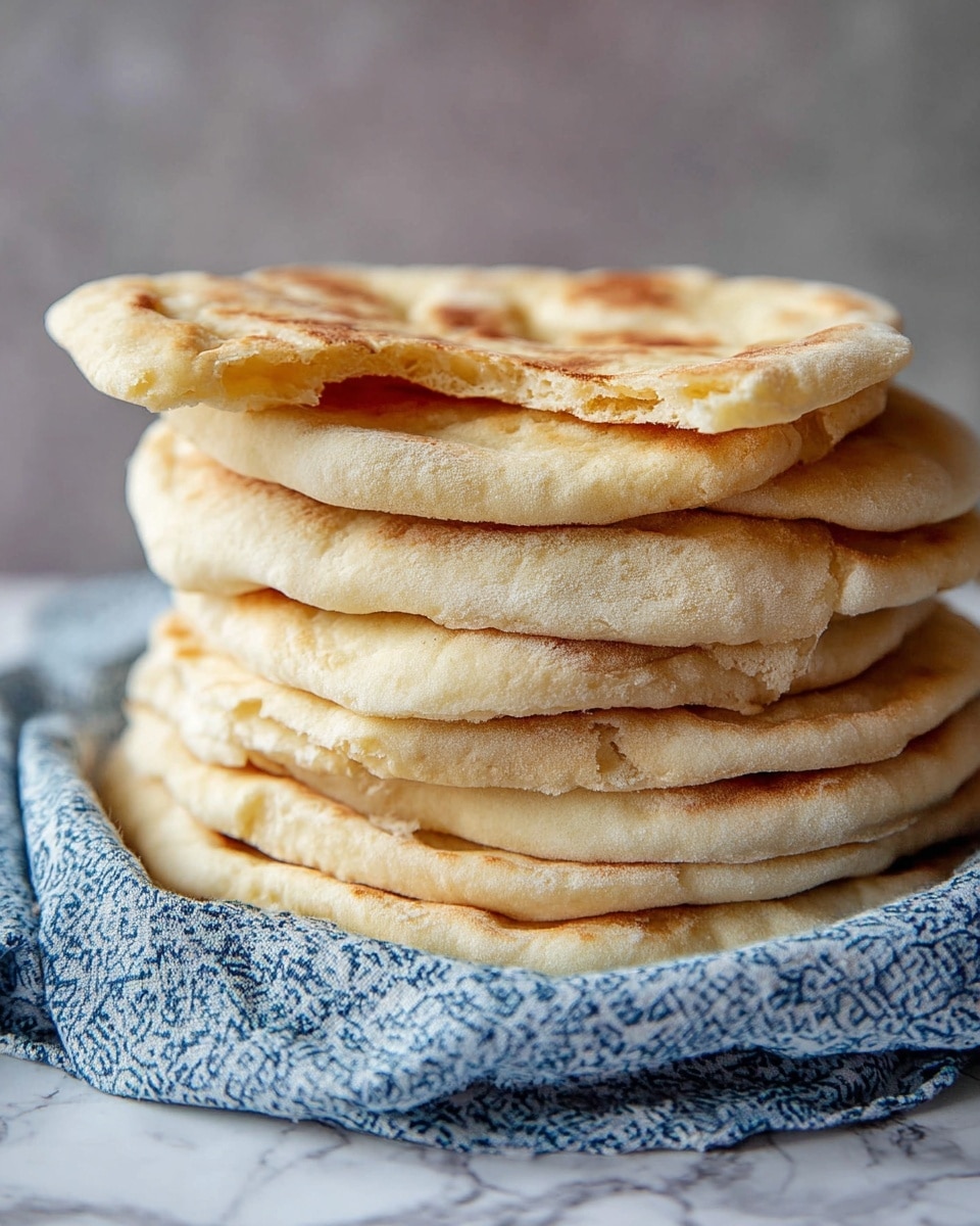 A stack of eight flatbreads is shown on top of a blue patterned cloth on a white marbled surface. The flatbreads have a golden-beige color with soft, slightly puffy textures and light browning spots. The top flatbread is partially broken, revealing its soft, airy inside. The background is blurred with a neutral gray color. photo taken with an iphone --ar 4:5 --v 7