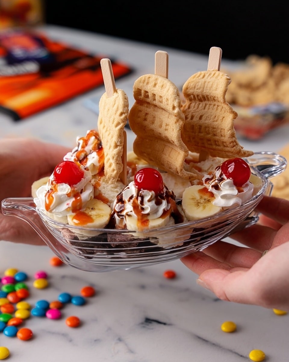 A clear glass boat-shaped dish holds a creative ice cream dessert designed like a ship with three layers of waffle sails on wooden sticks standing upright. The base layer shows scoops of vanilla ice cream topped with brown chocolate syrup and light orange syrup swirls. On top, there are white whipped cream dollops, bright red cherries placed on the cream, and light brown flower-shaped cookies with white icing around the edges arranged along the sides. Curved slices of pale yellow banana lean against the whipped cream, completing the look of the ship. Two woman's hands hold the dish, all set on a white marbled surface with colorful round candies in the background. photo taken with an iphone --ar 4:5 --v 7