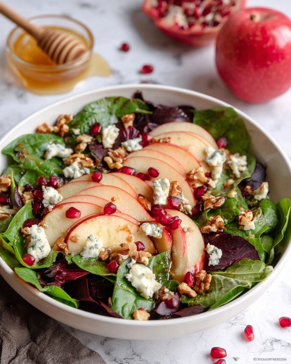 A white bowl filled with a fresh salad showing multiple layers: the bottom layer is dark and green leafy spinach and beet greens, followed by a layer of thin light red apple slices evenly spread out. Scattered on top are small bright red pomegranate seeds and chunks of white and blue-veined cheese, adding texture. There are also pieces of light brown walnuts mixed within the leaves. The bowl sits on a white marbled surface, with a blurred red apple, a honey dipper with honey, and some pomegranate seeds in the background. photo taken with an iphone --ar 4:5 --v 7