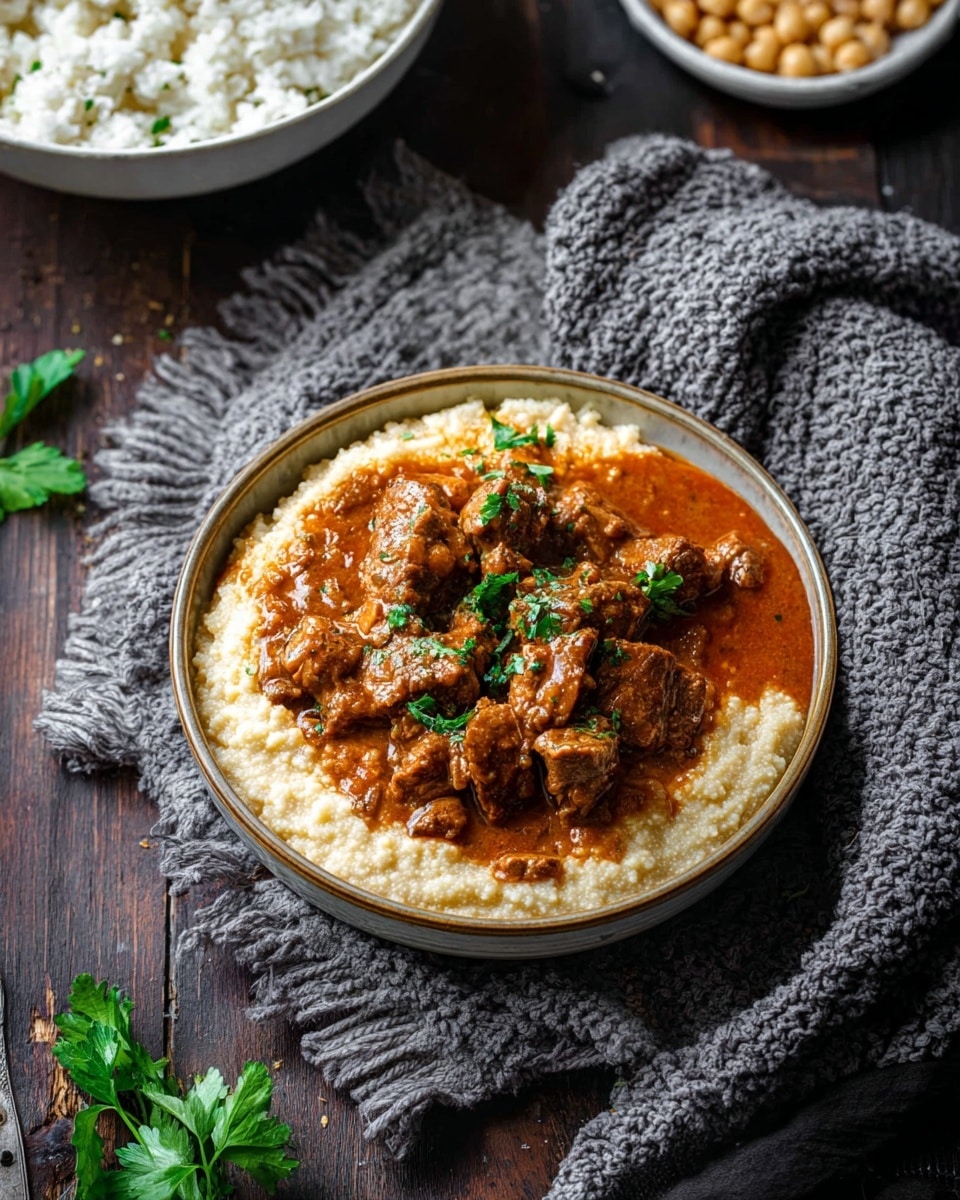 A bowl of creamy, light beige porridge forms the bottom layer with a textured, smooth appearance and slightly raised edges surrounding the center. On top, a rich reddish-brown stew with chunky pieces of meat is spread in the middle, glossy and thick with visible herbs sprinkled across for garnish. The bowl is placed on a knitted gray cloth, all set on a dark wooden surface with a few green herb leaves scattered nearby. In the background, a white bowl filled with white rice and light tan chickpeas rests above the main dish, adding contrast. Photo taken with an iphone --ar 4:5 --v 7
