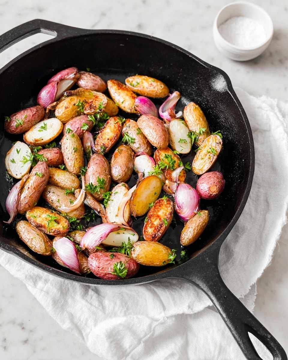 A black cast iron skillet holds a single layer of roasted small fingerling potatoes and shallots, each piece showing a mix of golden brown, pink, white, and light orange colors with a slight crisp texture. The potatoes and shallots are scattered evenly in the pan and sprinkled with small green parsley leaves, adding contrast. The skillet is placed on a lightly crumpled white cloth over a surface with a white marbled texture. In the background, a small white bowl with coarse salt is partly visible. Photo taken with an iphone --ar 4:5 --v 7