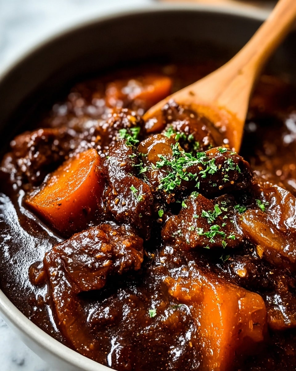 The image shows a close-up of a rich, dark brown stew in a white bowl that is filled with chunky pieces of tender meat and thick slices of orange carrots. The stew is thick and glossy with a textured look from the meat and vegetables, covered in a shiny, dark sauce. Small bits of onion and herbs are mixed throughout, with a sprinkling of finely chopped green parsley on top. A wooden spoon is partially dipped into the stew from the top right, and the background features a white marbled surface. photo taken with an iphone --ar 4:5 --v 7