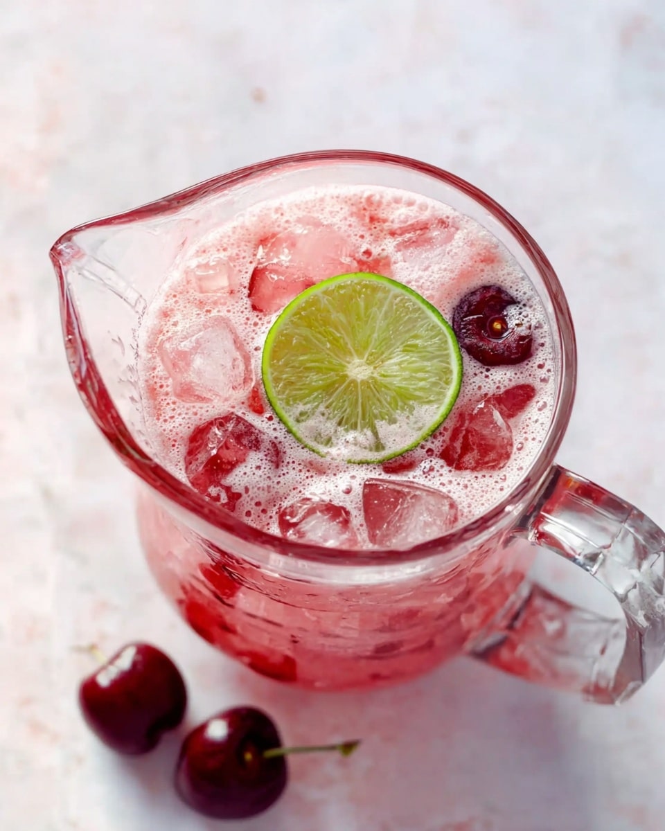 A clear glass pitcher filled with a pink, frothy drink containing many ice cubes floating throughout. At the center on top, there is a single round slice of lime with a green rind and pale interior. The surface around the pitcher shows two dark red cherries on a white marbled texture. The pitcher handle is clear and positioned at the top right. photo taken with an iphone --ar 4:5 --v 7