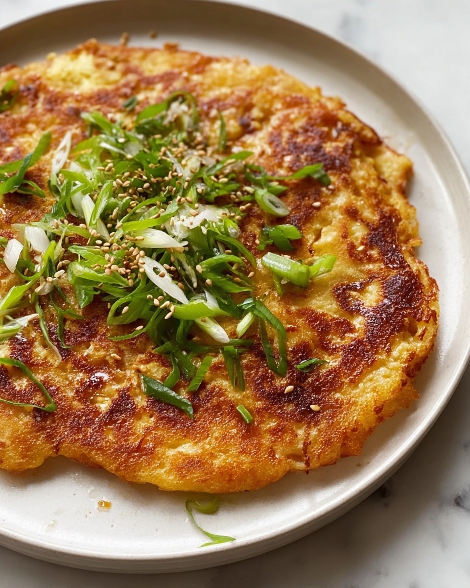 A golden brown, slightly crispy pancake with visible grill marks sits on a white plate. The pancake has a textured surface with small chunks and is topped with a generous layer of chopped green onions, featuring light green and white strips scattered over the top. There are also a few sesame seeds sprinkled across the pancake, adding to its texture and detail. The plate rests on a white marbled surface, and the focus is sharp, showing the colors and textures clearly. photo taken with an iphone --ar 4:5 --v 7