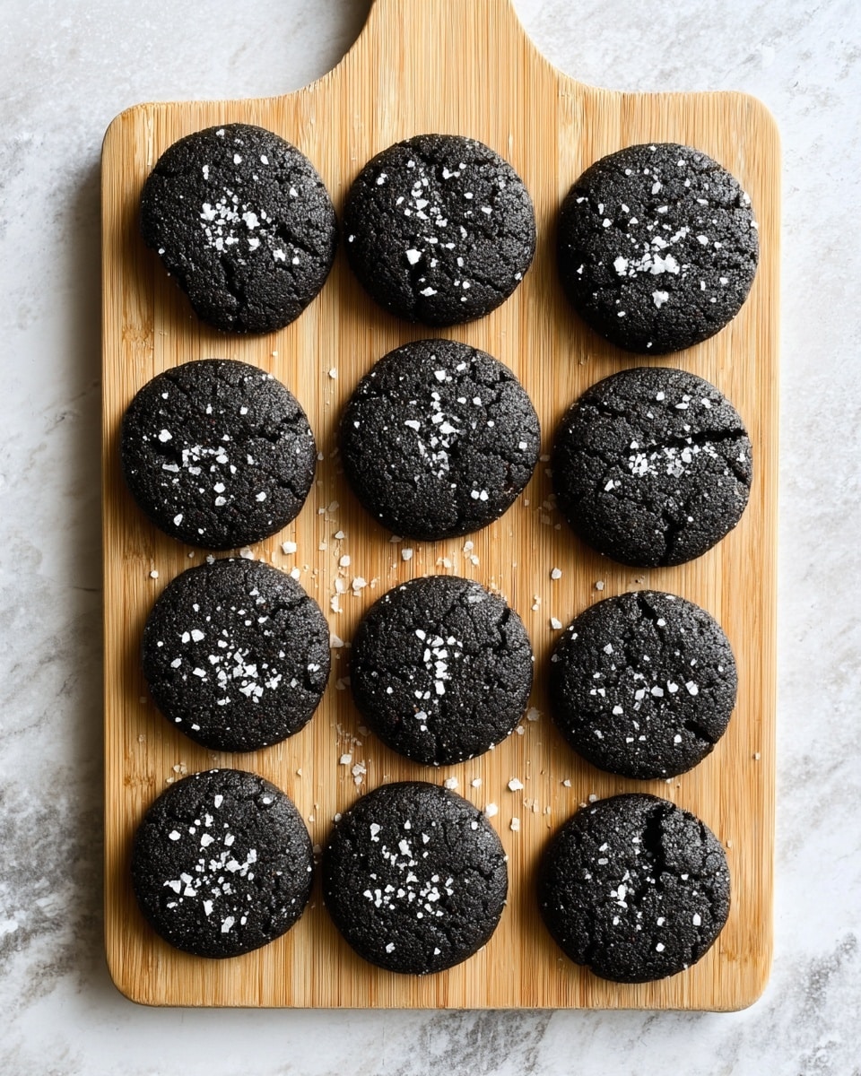 Twelve round black cookies are evenly placed in three rows of four on a light wooden cutting board with a handle. Each cookie is dark, cracked slightly on the surface, and sprinkled with coarse white sea salt flakes, creating a sharp contrast. The cookies have a rough, crumbly texture and are uniformly sized, some with small bites taken out. The background is a white marbled surface, enhancing the natural look of the wooden board and the dark cookies. photo taken with an iphone --ar 4:5 --v 7