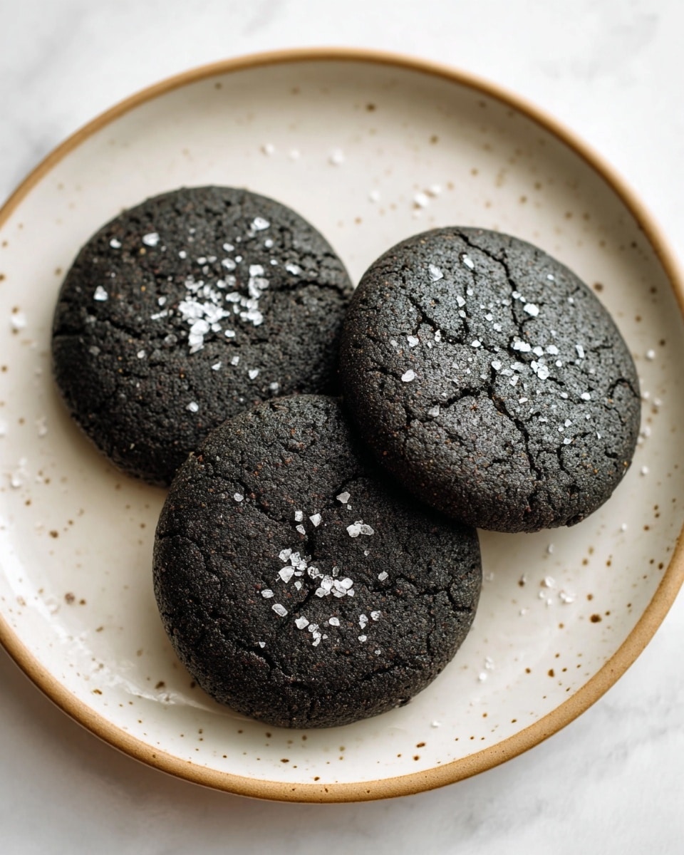 Three round, dark charcoal black cookies with a cracked surface are arranged closely on a white plate with a light beige rim and small brown speckles. Each cookie is sprinkled with coarse white sea salt flakes that stand out against the deep black color of the cookies. The texture looks firm but slightly crumbly, and the plate is set on a white marbled surface. photo taken with an iphone --ar 4:5 --v 7