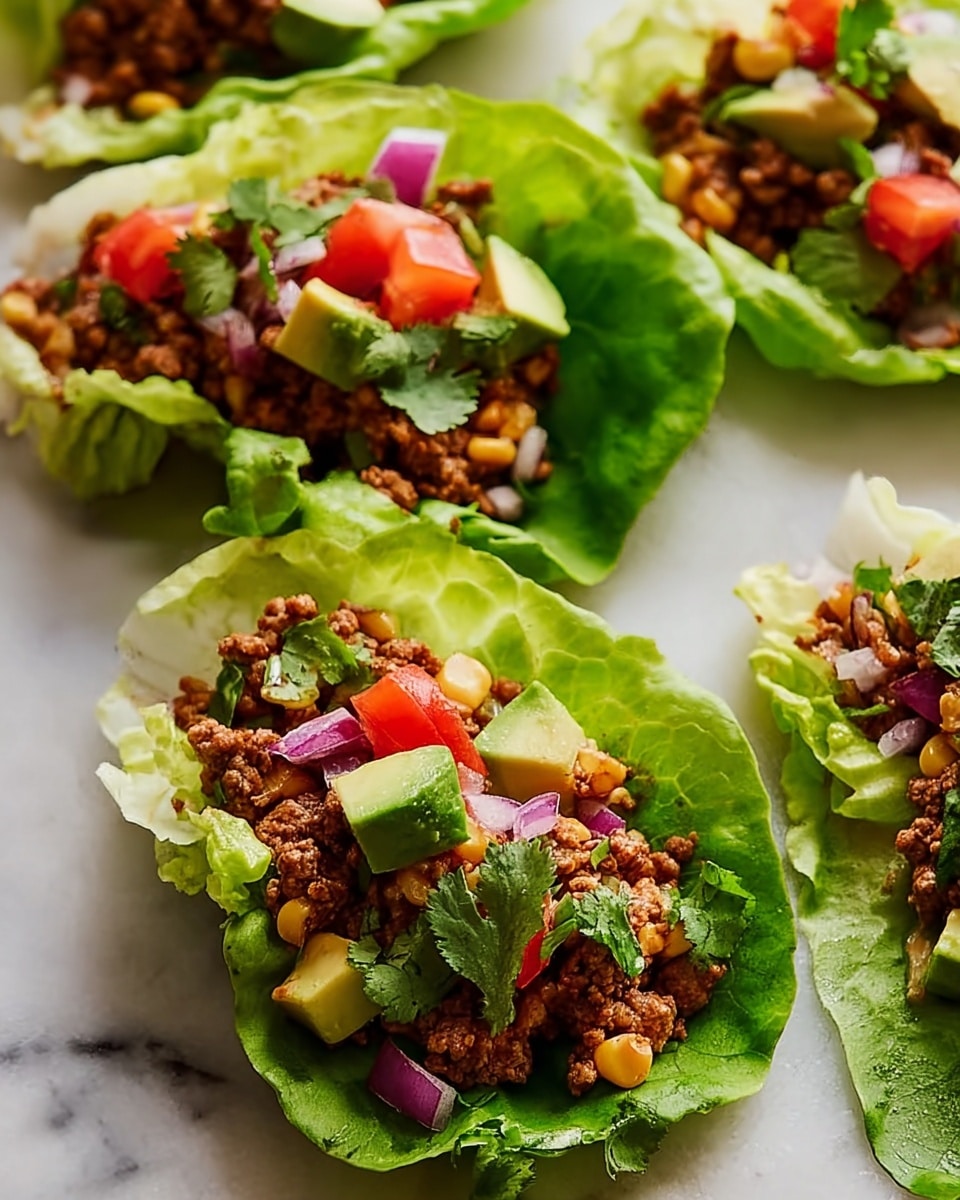 Several fresh green lettuce leaves act as the base, each holding a generous scoop of cooked ground meat mixed with small pieces of yellow corn and finely chopped red and white onions. On top of the meat mixture, there are diced avocado pieces, bright red tomato chunks, and scattered fresh green cilantro leaves. The textures vary from the smooth avocado to the crumbly meat and crisp vegetables, all arranged neatly inside the lettuce cups. The dish is placed on a white marbled surface. photo taken with an iphone --ar 4:5 --v 7